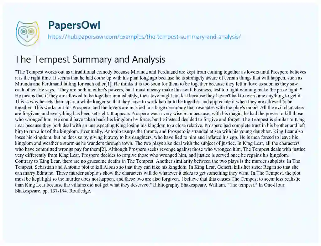 Essay on The Tempest Summary and Analysis