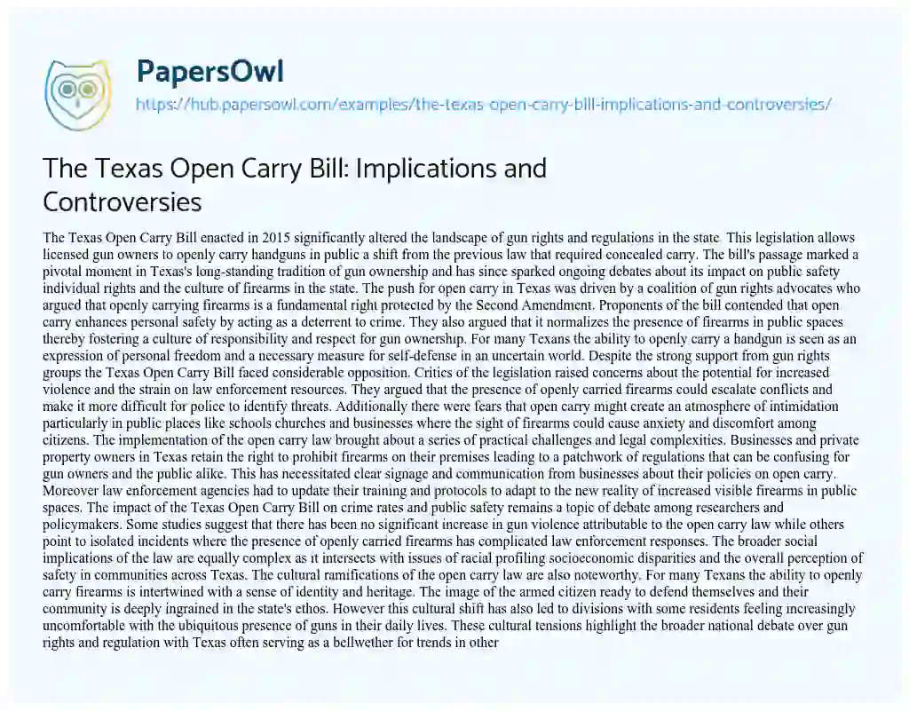 Essay on The Texas Open Carry Bill: Implications and Controversies