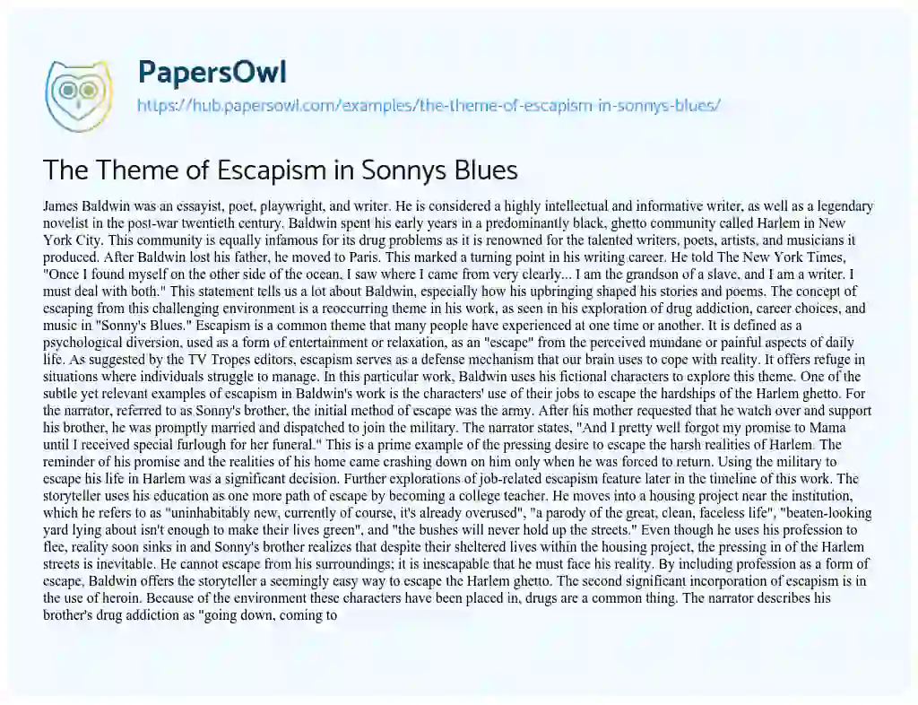 Essay on The Theme of Escapism in Sonnys Blues