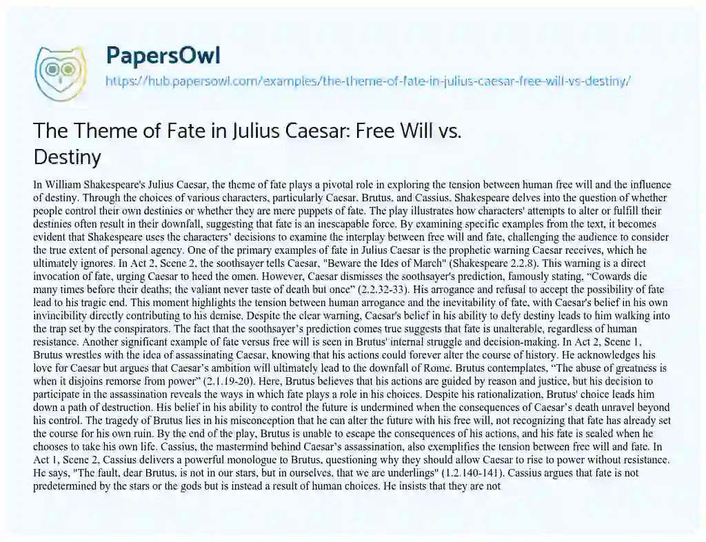 Essay on The Theme of Fate in Julius Caesar: Free Will vs. Destiny