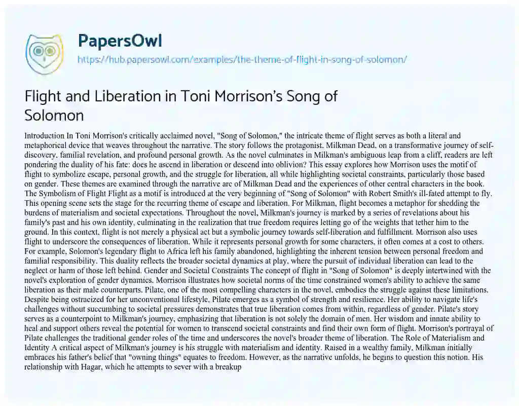 Essay on Flight and Liberation in Toni Morrison’s Song of Solomon