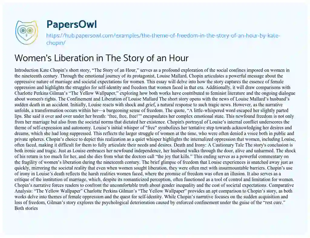 Essay on Women’s Liberation in The Story of an Hour