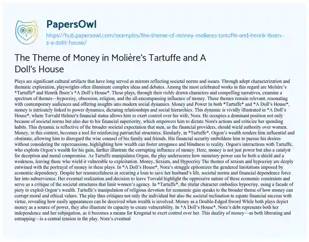 Essay on The Theme of Money in Molière’s Tartuffe and A Doll’s House