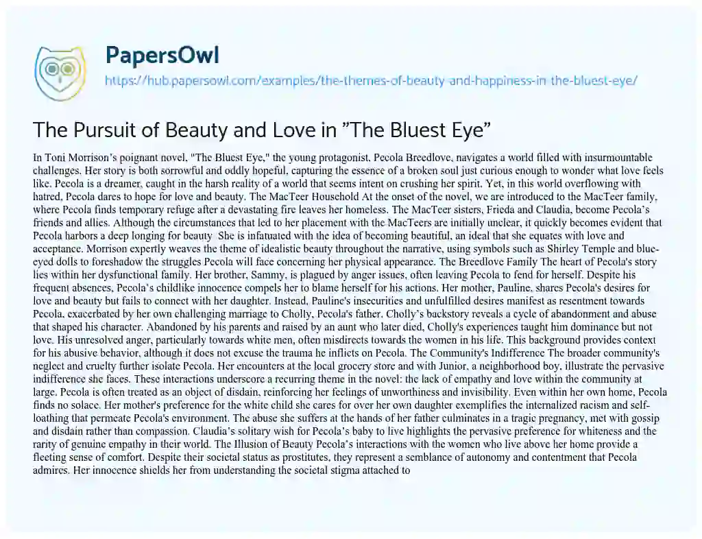 Essay on The Pursuit of Beauty and Love in “The Bluest Eye”