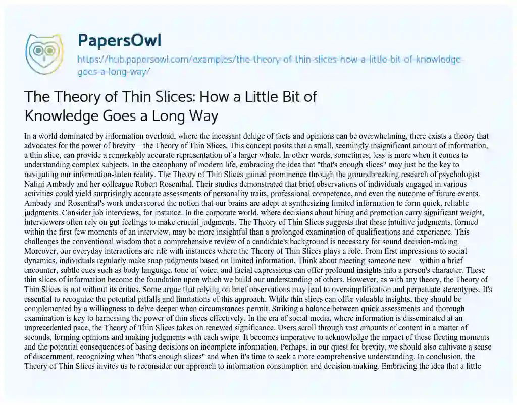 Essay on The Theory of Thin Slices: How a Little Bit of Knowledge Goes a Long Way