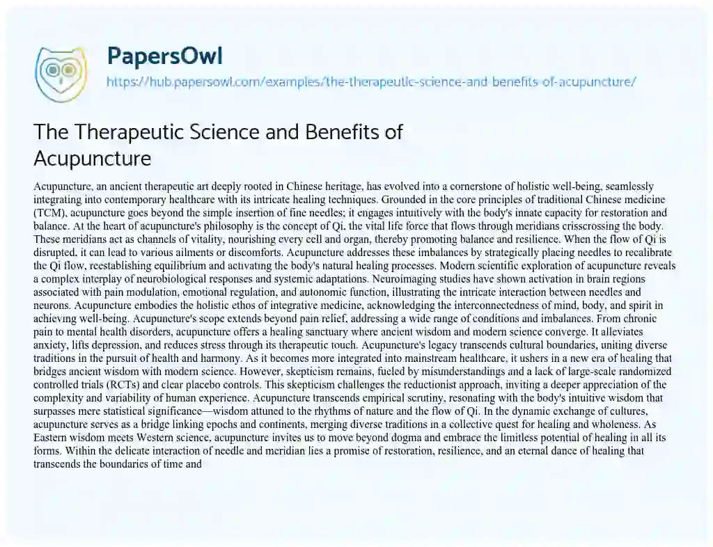 Essay on The Therapeutic Science and Benefits of Acupuncture