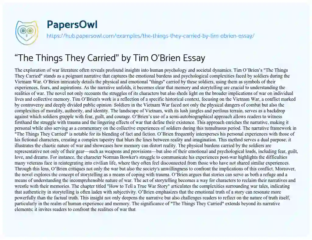 Essay on “The Things They Carried” by Tim O’Brien Essay
