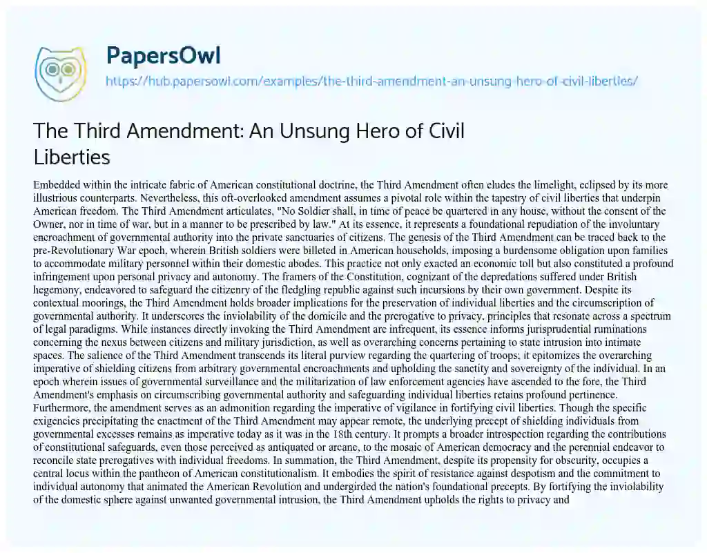 Essay on The Third Amendment: An Unsung Hero of Civil Liberties