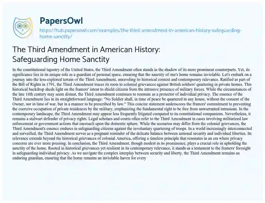 Essay on The Third Amendment in American History: Safeguarding Home Sanctity