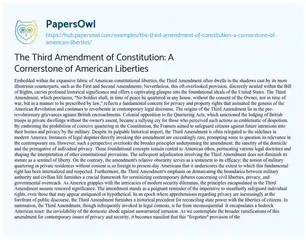 Essay on The Third Amendment of Constitution: A Cornerstone of American Liberties