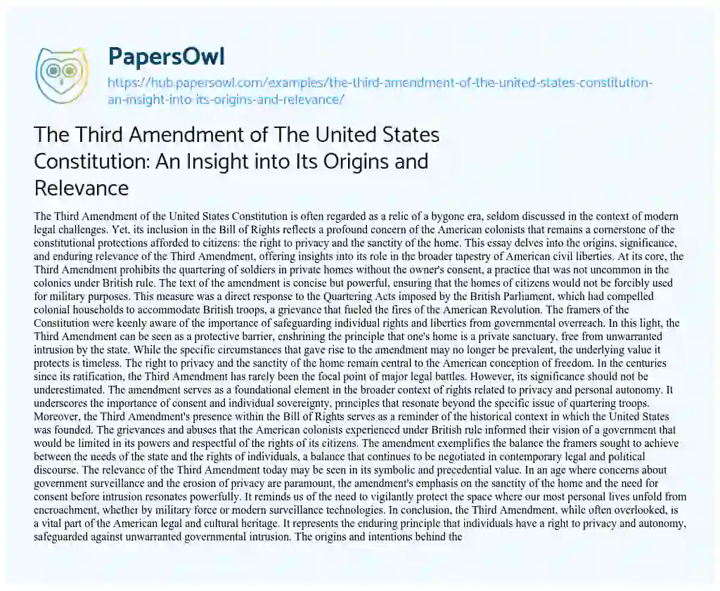 Essay on The Third Amendment of The United States Constitution: An Insight into Its Origins and Relevance