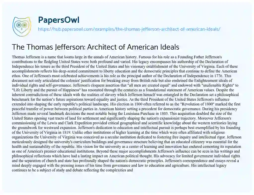 Essay on The Thomas Jefferson: Architect of American Ideals