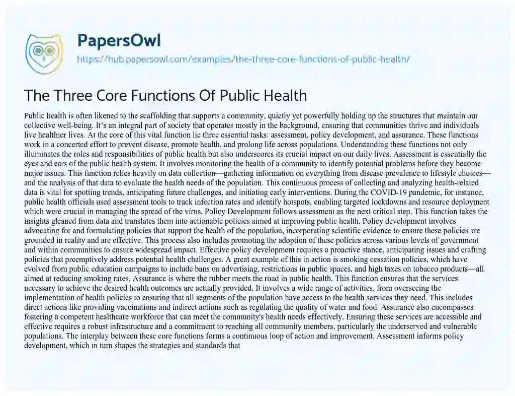 Essay on The Three Core Functions Of Public Health
