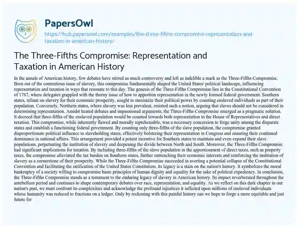 Essay on The Three-Fifths Compromise: Representation and Taxation in American History