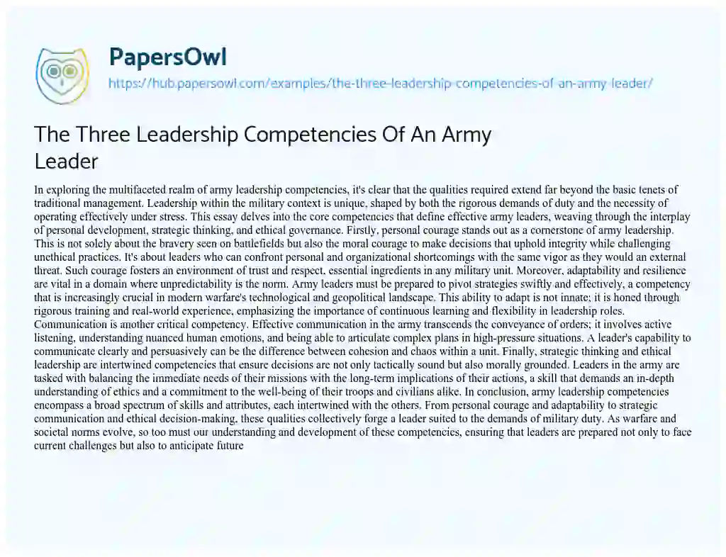 Essay on The Three Leadership Competencies Of An Army Leader