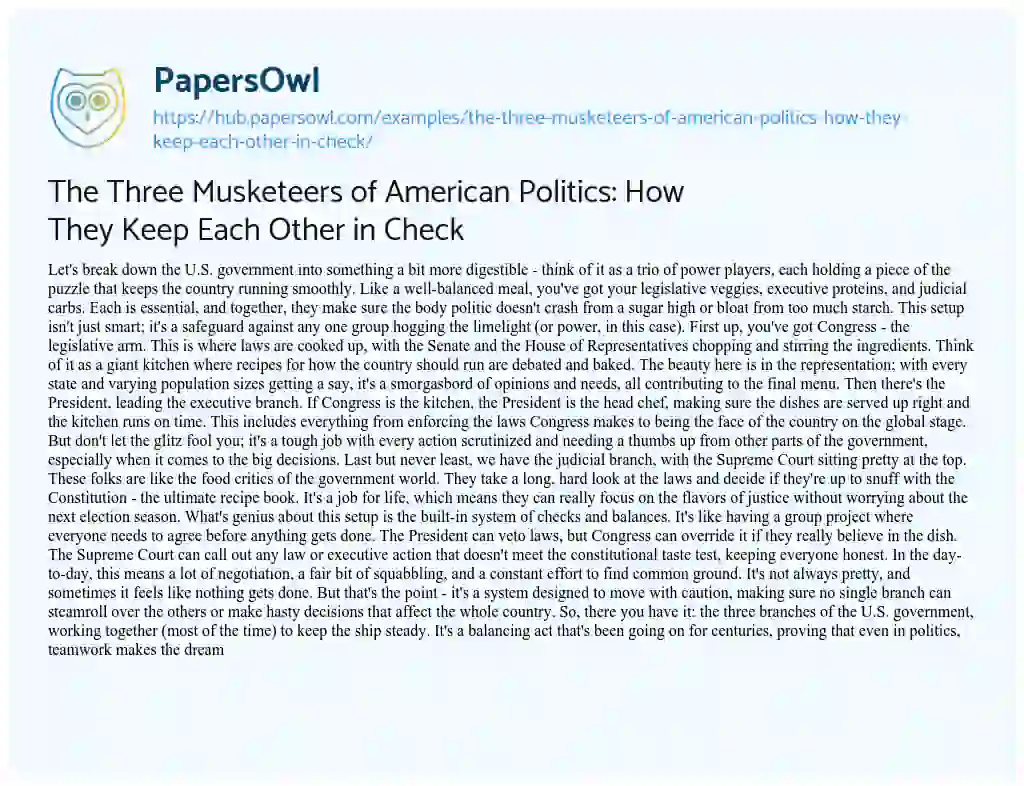 Essay on The Three Musketeers of American Politics: How They Keep Each Other in Check