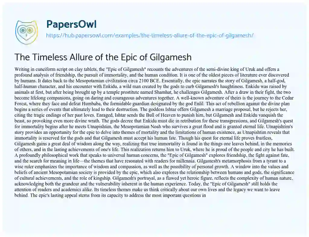 Essay on The Timeless Allure of the Epic of Gilgamesh