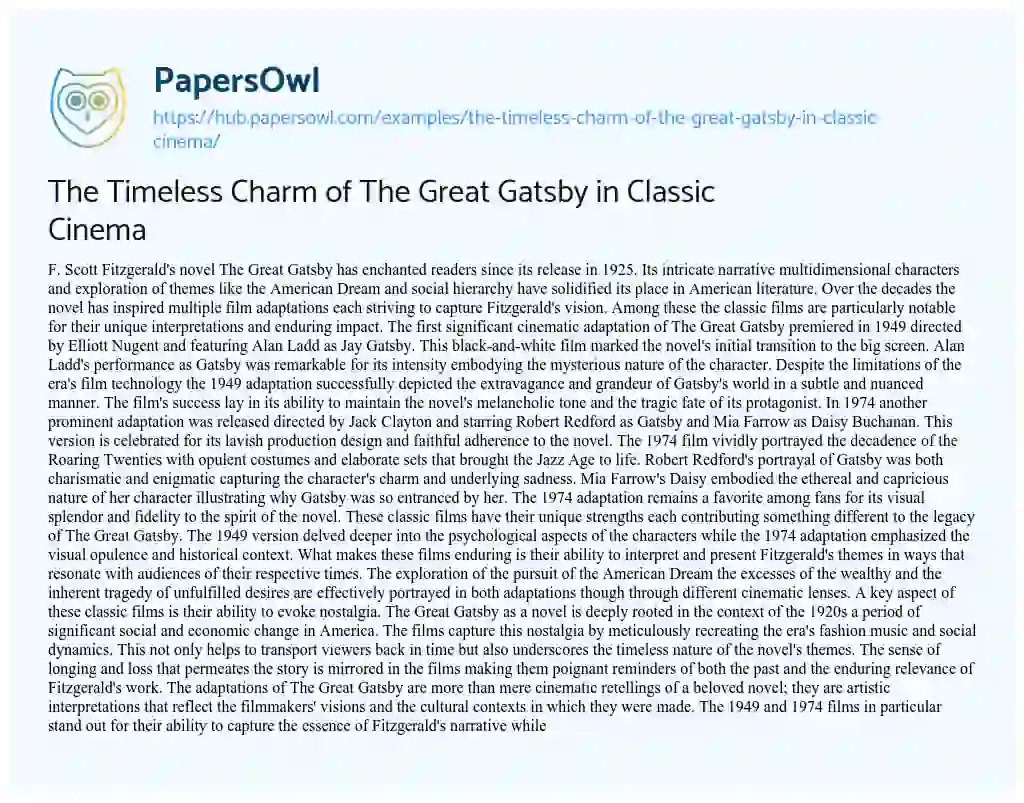 Essay on The Timeless Charm of The Great Gatsby in Classic Cinema
