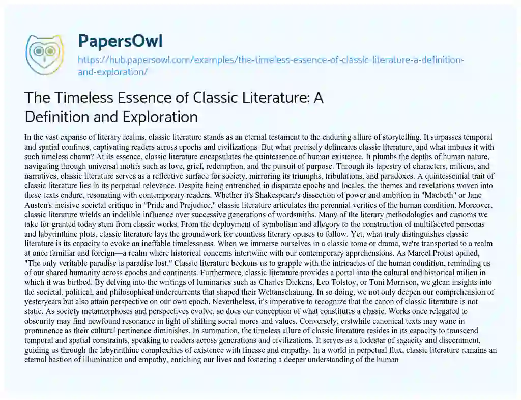 Essay on The Timeless Essence of Classic Literature: A Definition and Exploration