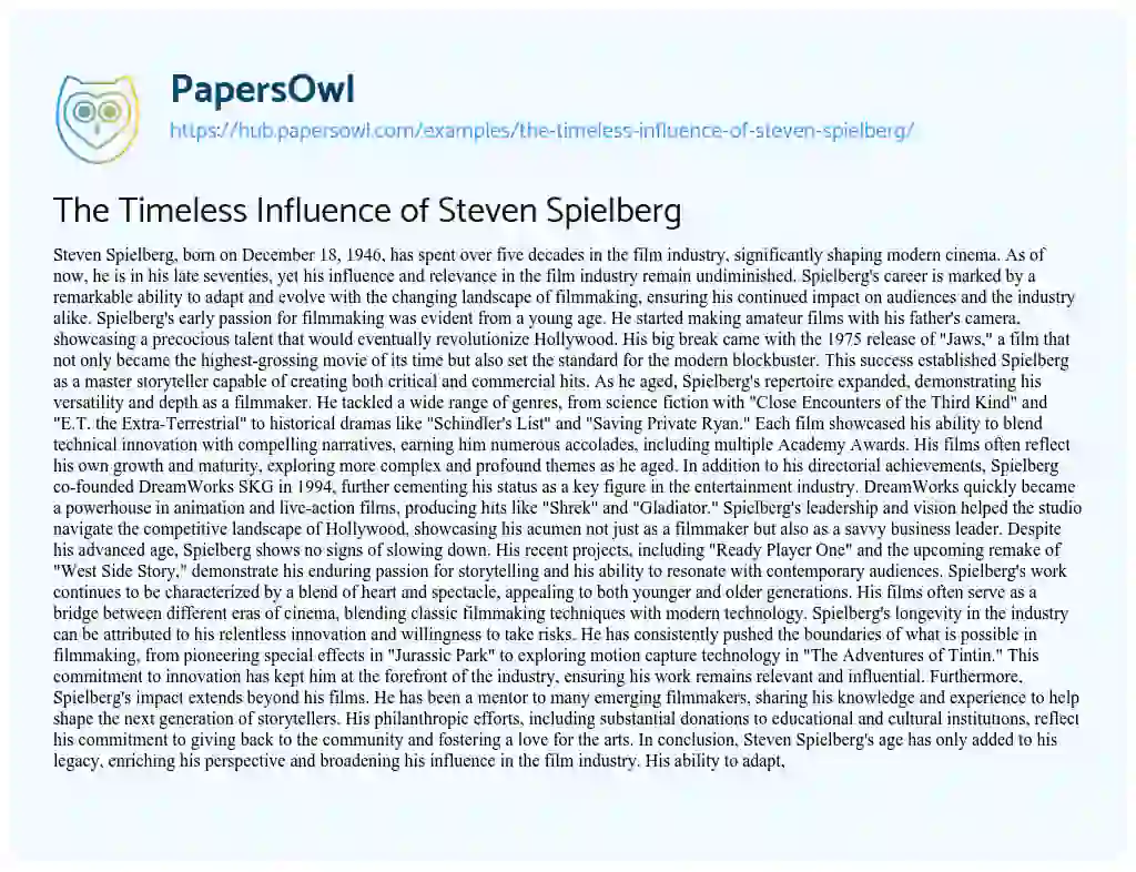 Essay on The Timeless Influence of Steven Spielberg