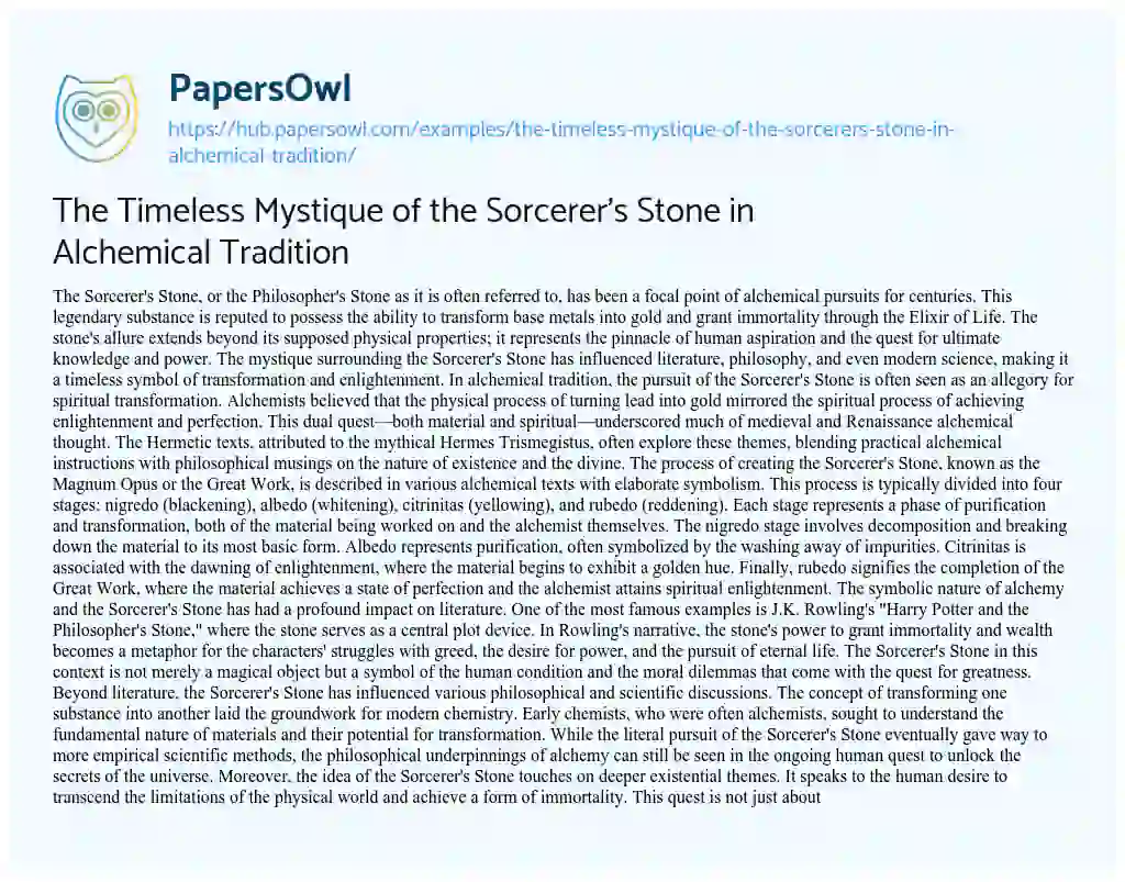 Essay on The Timeless Mystique of the Sorcerer’s Stone in Alchemical Tradition