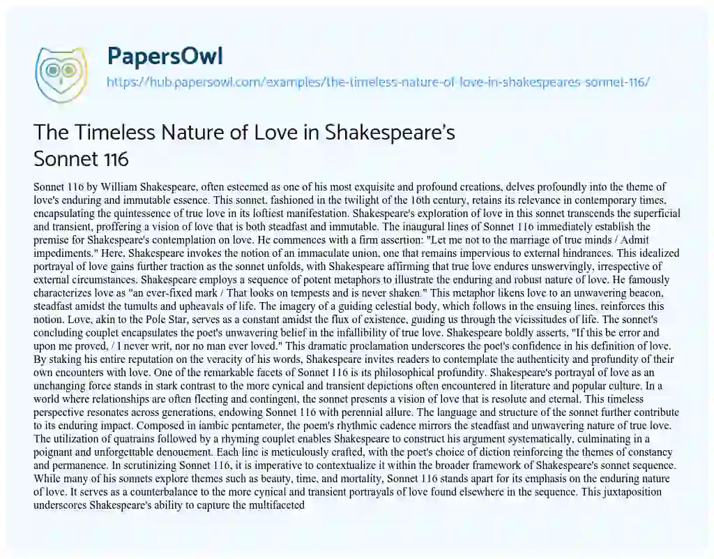 Essay on The Timeless Nature of Love in Shakespeare’s Sonnet 116