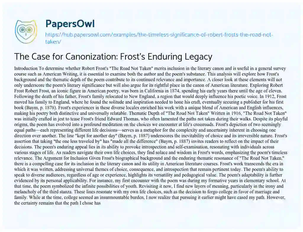 Essay on The Case for Canonization: Frost’s Enduring Legacy