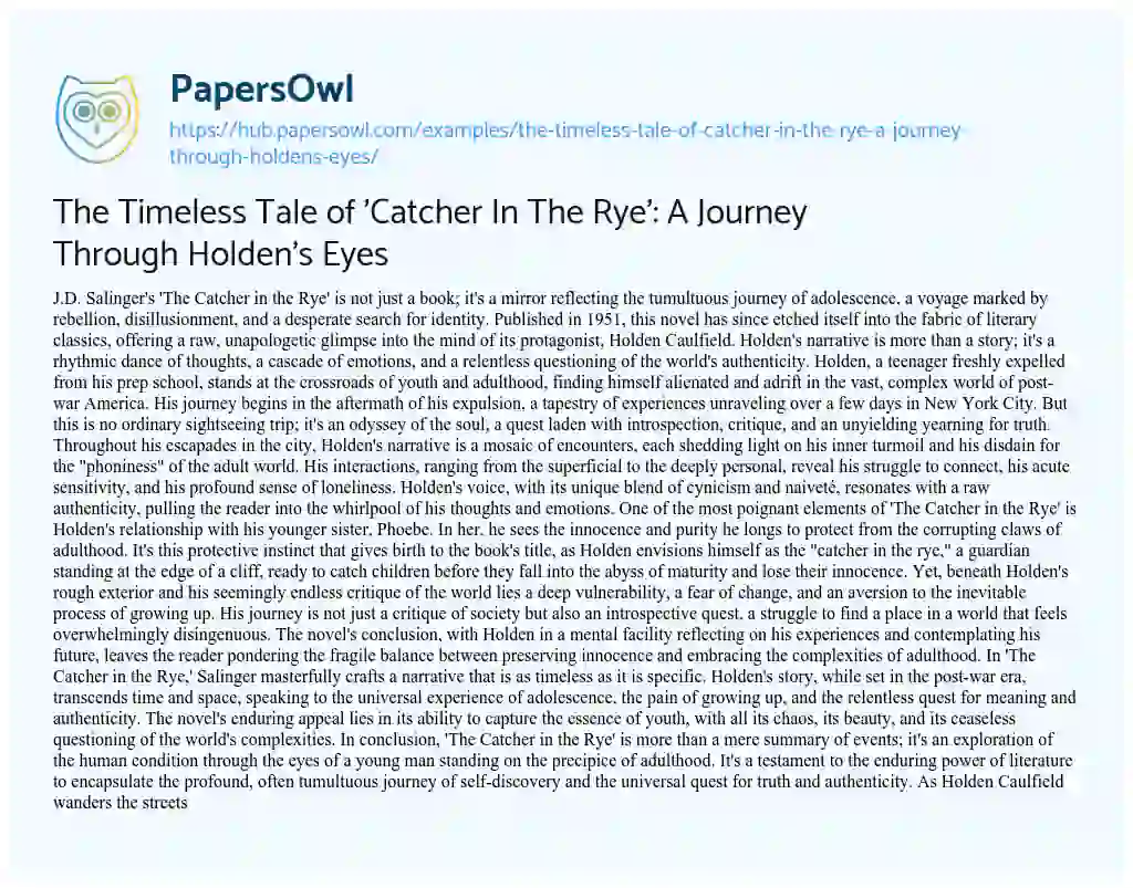 Essay on The Timeless Tale of ‘Catcher In The Rye’: A Journey Through Holden’s Eyes