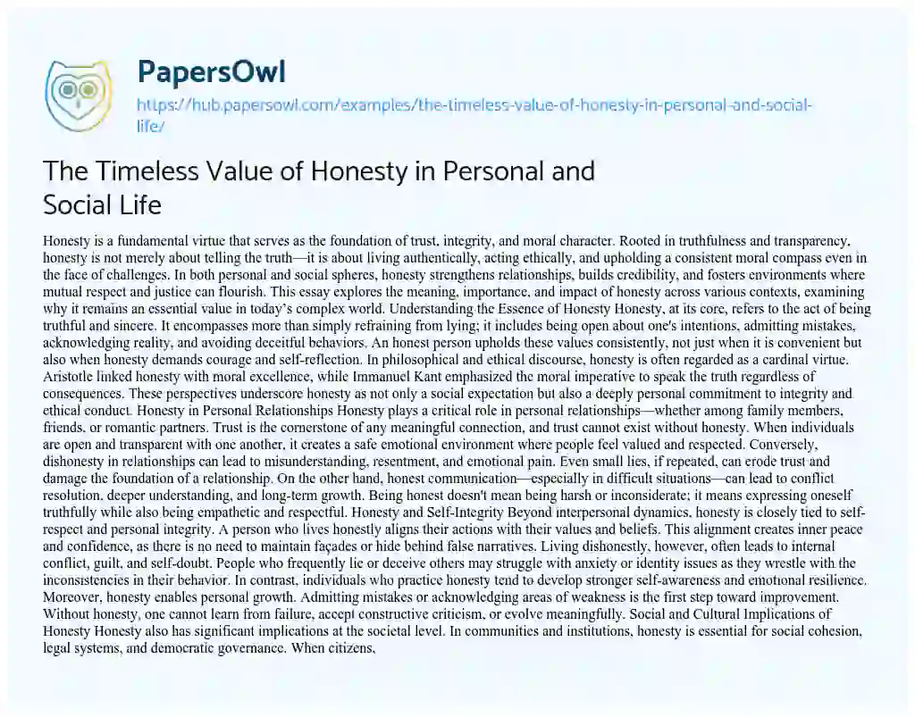 Essay on The Timeless Value of Honesty in Personal and Social Life