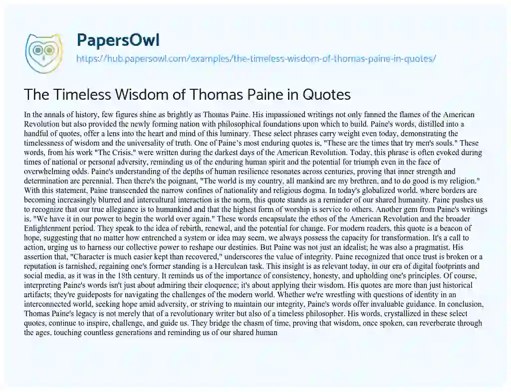 Essay on The Timeless Wisdom of Thomas Paine in Quotes