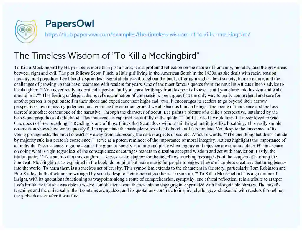 Essay on The Timeless Wisdom of “To Kill a Mockingbird”