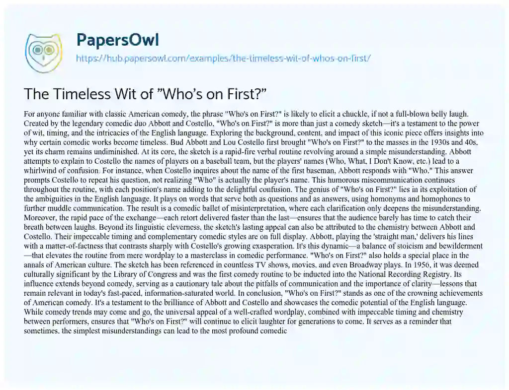 Essay on The Timeless Wit of “Who’s on First?”