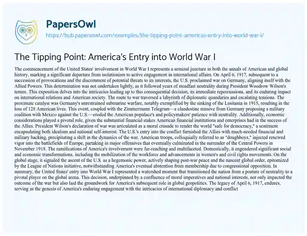 Essay on The Tipping Point: America’s Entry into World War I