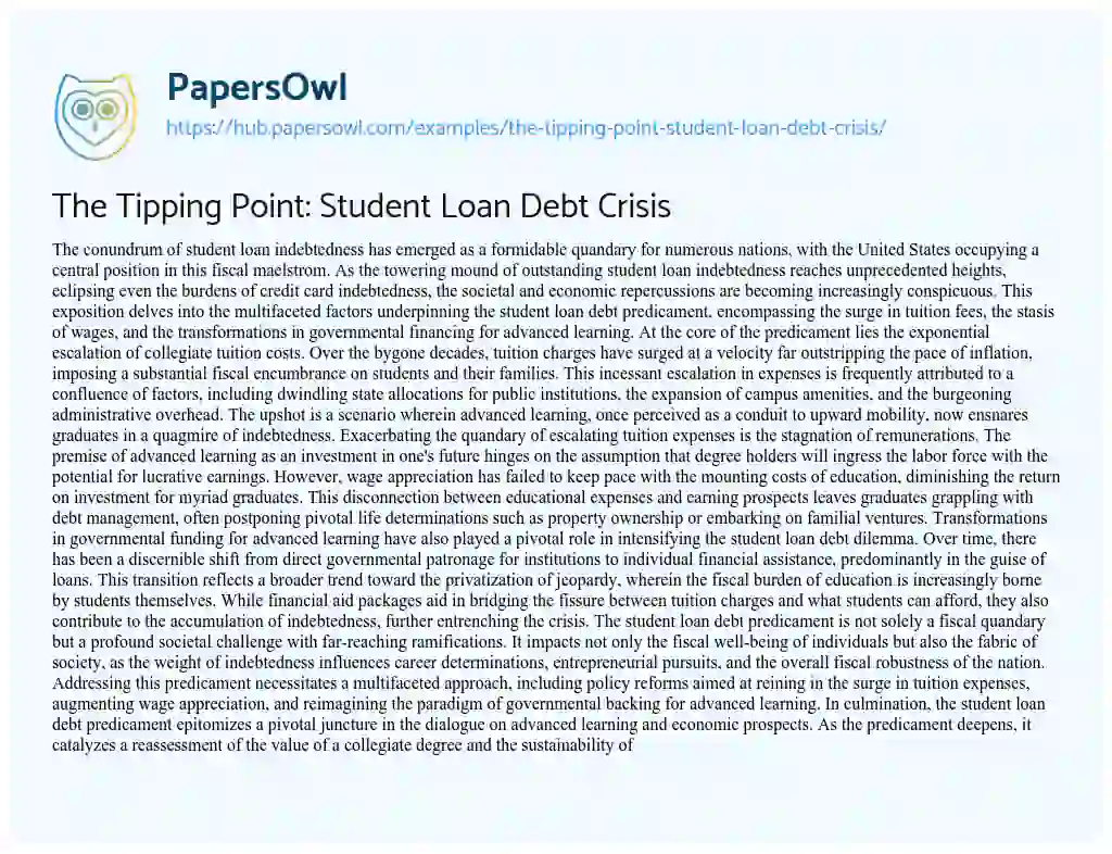 Essay on The Tipping Point: Student Loan Debt Crisis