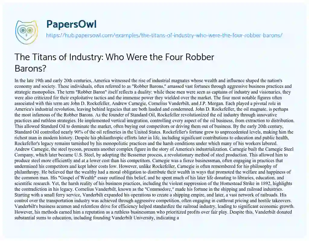 Essay on The Titans of Industry: Who Were the Four Robber Barons?