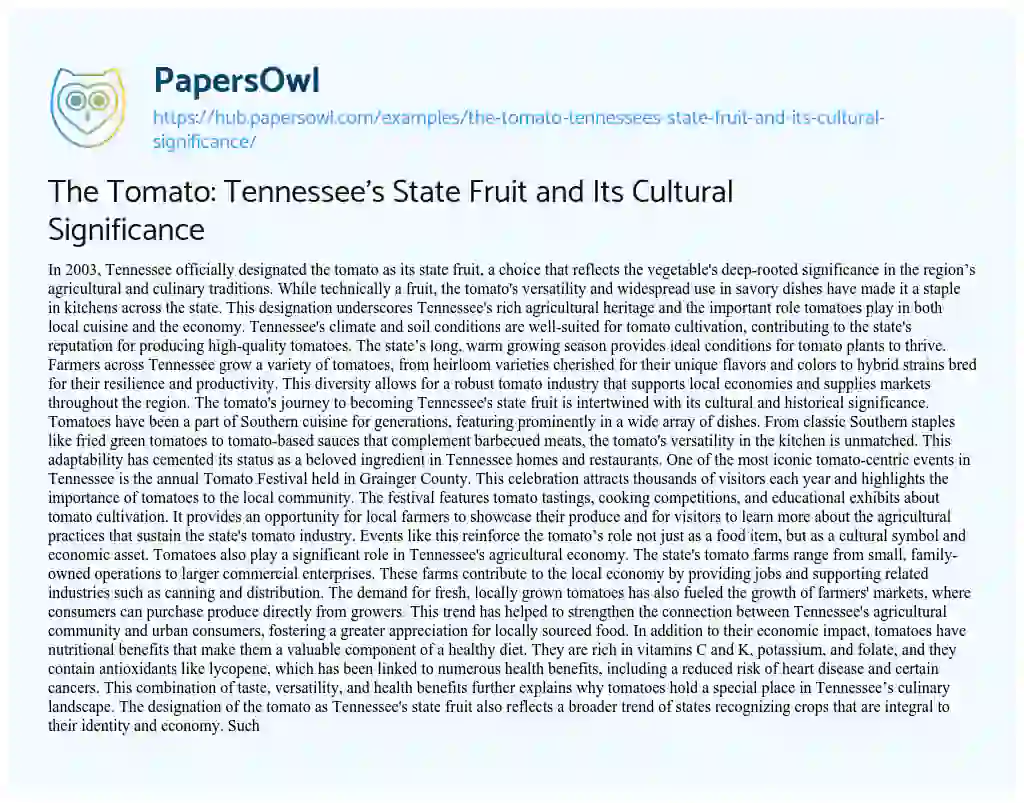 Essay on The Tomato: Tennessee’s State Fruit and Its Cultural Significance