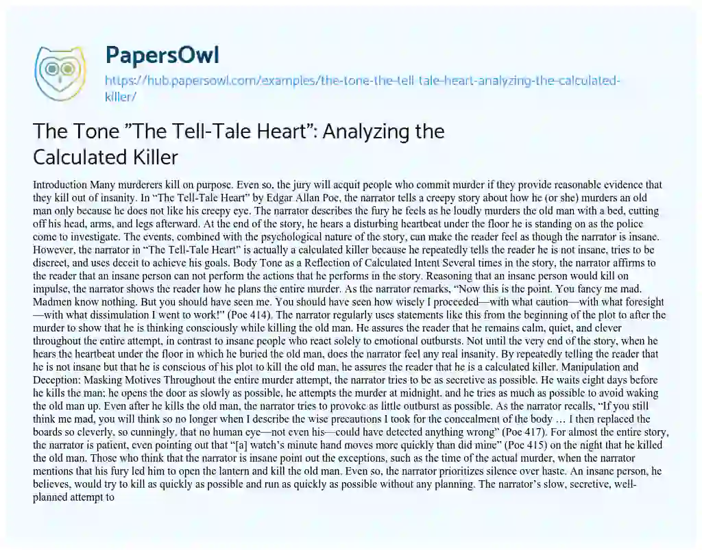 Essay on The Tone “The Tell-Tale Heart”: Analyzing the Calculated Killer
