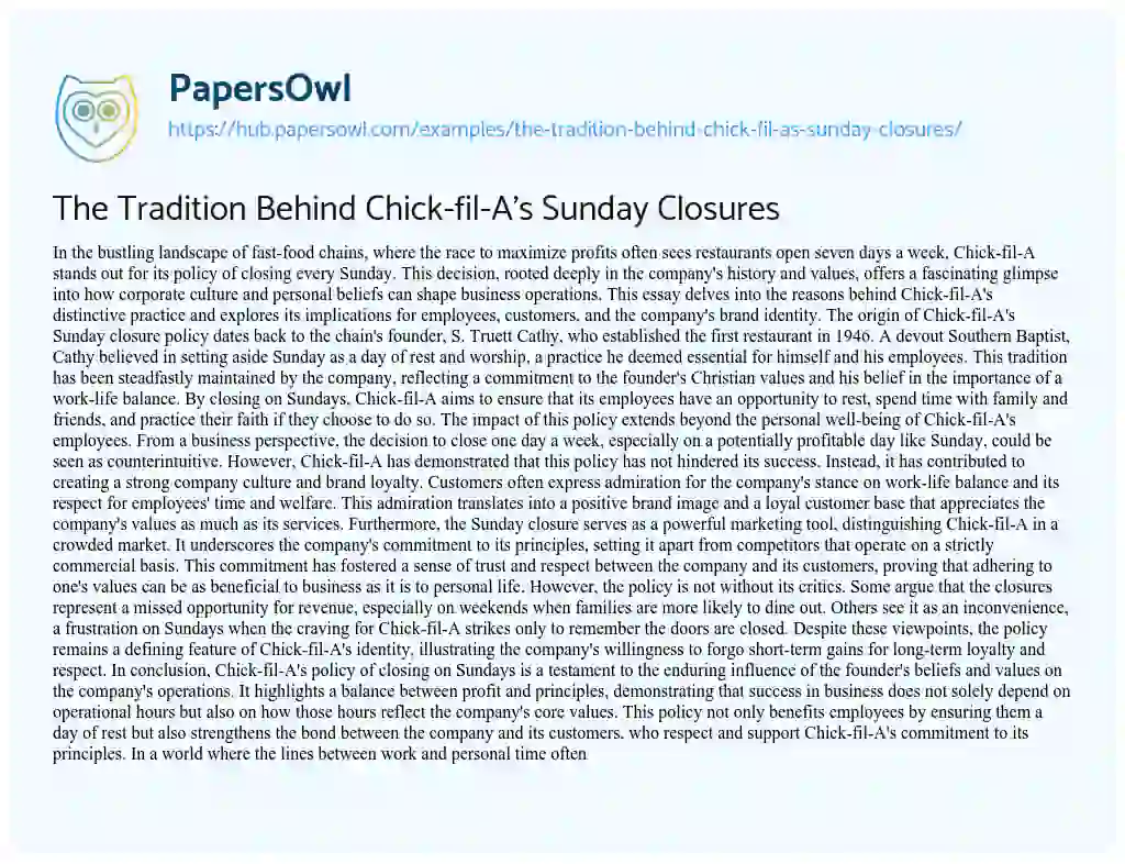 Essay on The Tradition Behind Chick-fil-A’s Sunday Closures