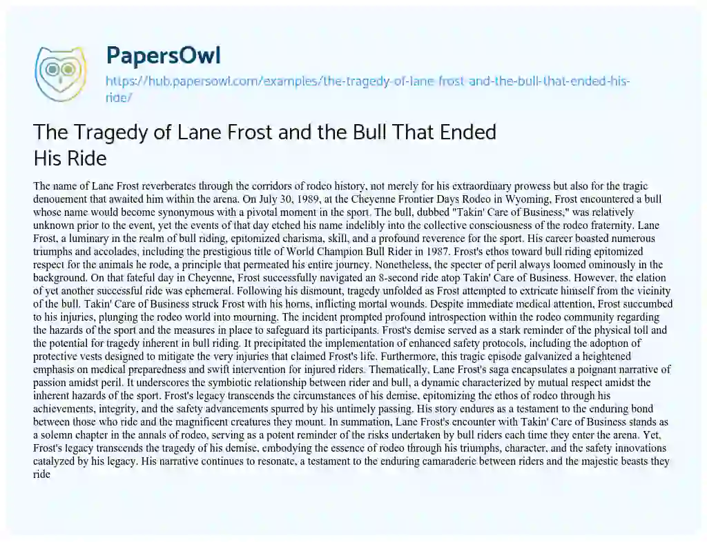 Essay on The Tragedy of Lane Frost and the Bull That Ended His Ride