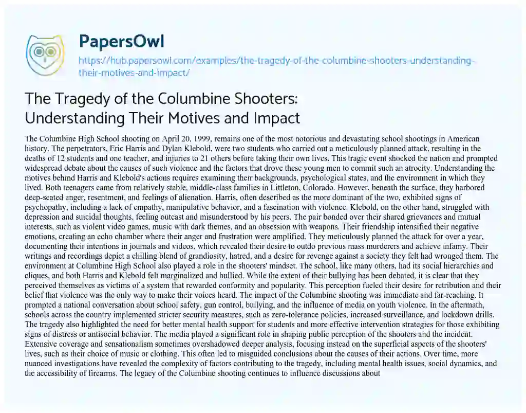 Essay on The Tragedy of the Columbine Shooters: Understanding Their Motives and Impact