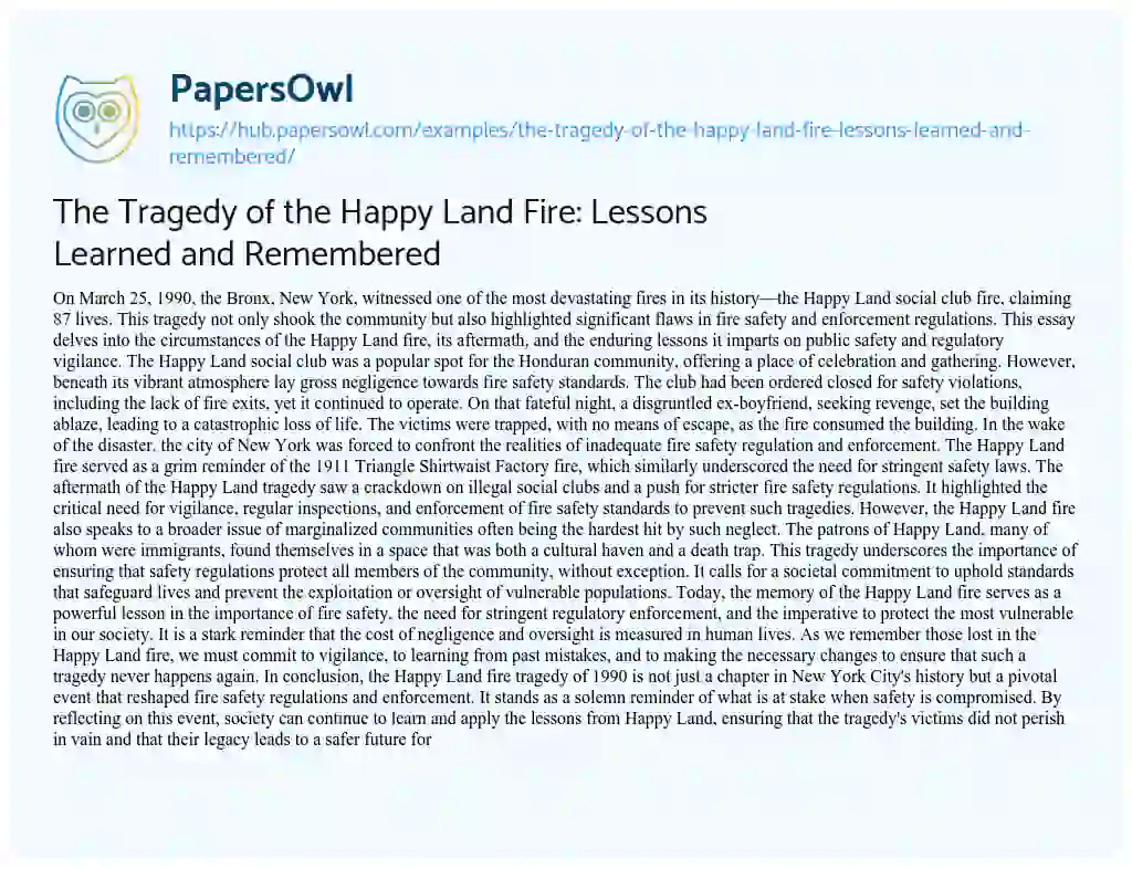 Essay on The Tragedy of the Happy Land Fire: Lessons Learned and Remembered