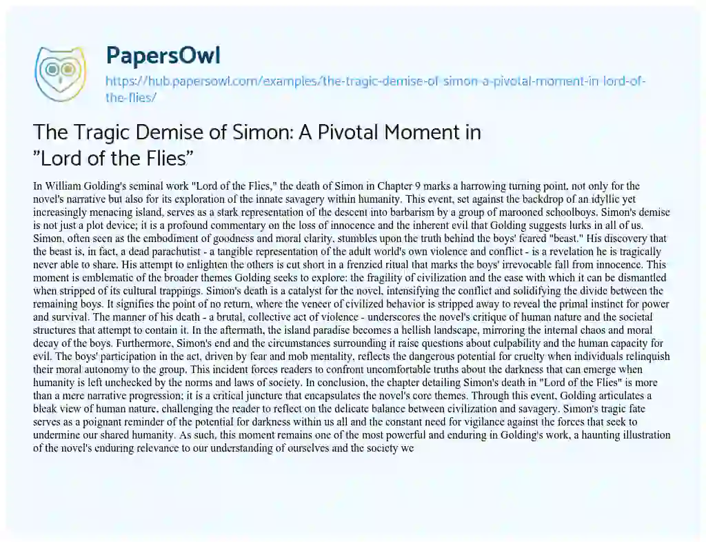 Essay on The Tragic Demise of Simon: A Pivotal Moment in “Lord of the Flies”