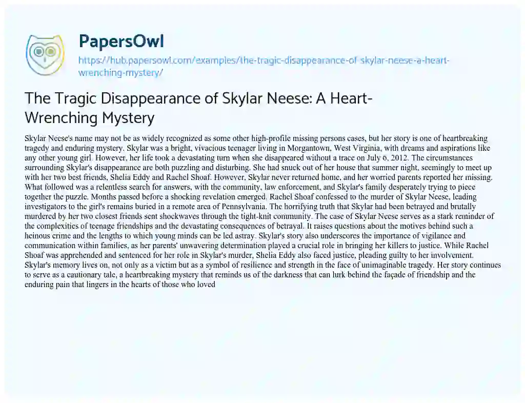 Essay on The Tragic Disappearance of Skylar Neese: A Heart-Wrenching Mystery