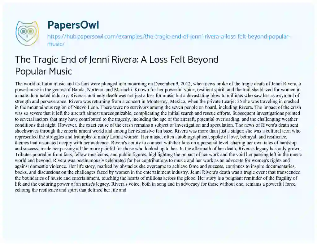 Essay on The Tragic End of Jenni Rivera: A Loss Felt Beyond Popular Music