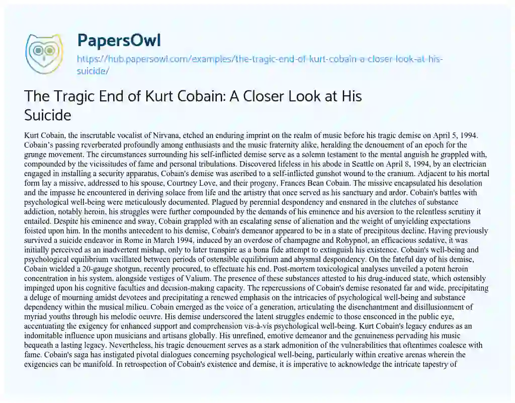 Essay on The Tragic End of Kurt Cobain: A Closer Look at His Suicide