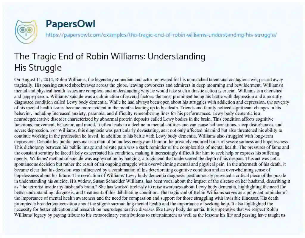 Essay on The Tragic End of Robin Williams: Understanding His Struggle