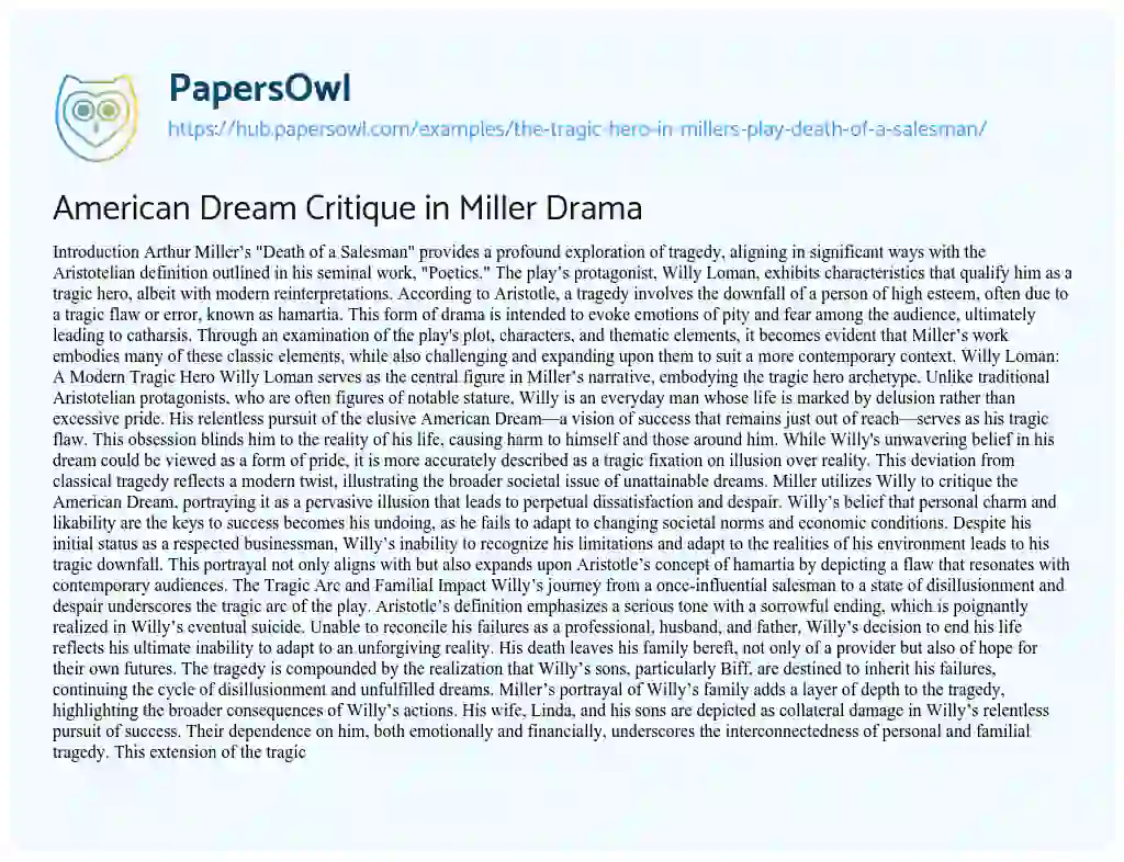Essay on American Dream Critique in Miller Drama
