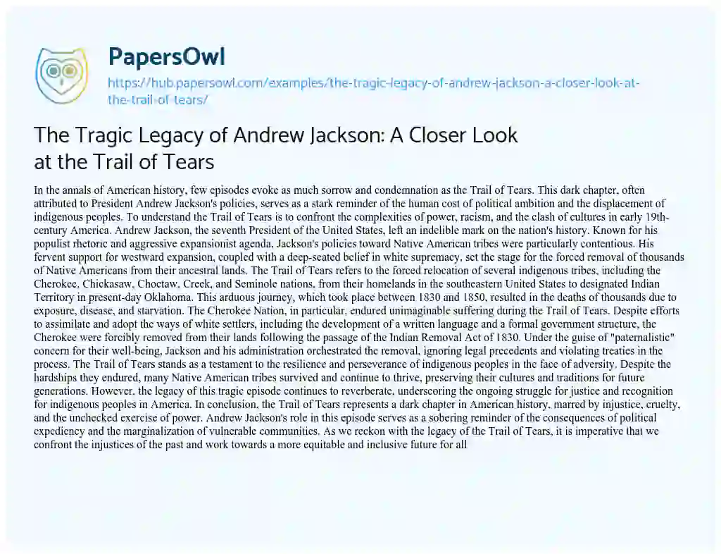 Essay on The Tragic Legacy of Andrew Jackson: A Closer Look at the Trail of Tears