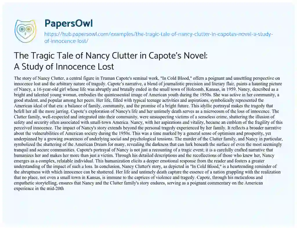 Essay on The Tragic Tale of Nancy Clutter in Capote’s Novel: A Study of Innocence Lost