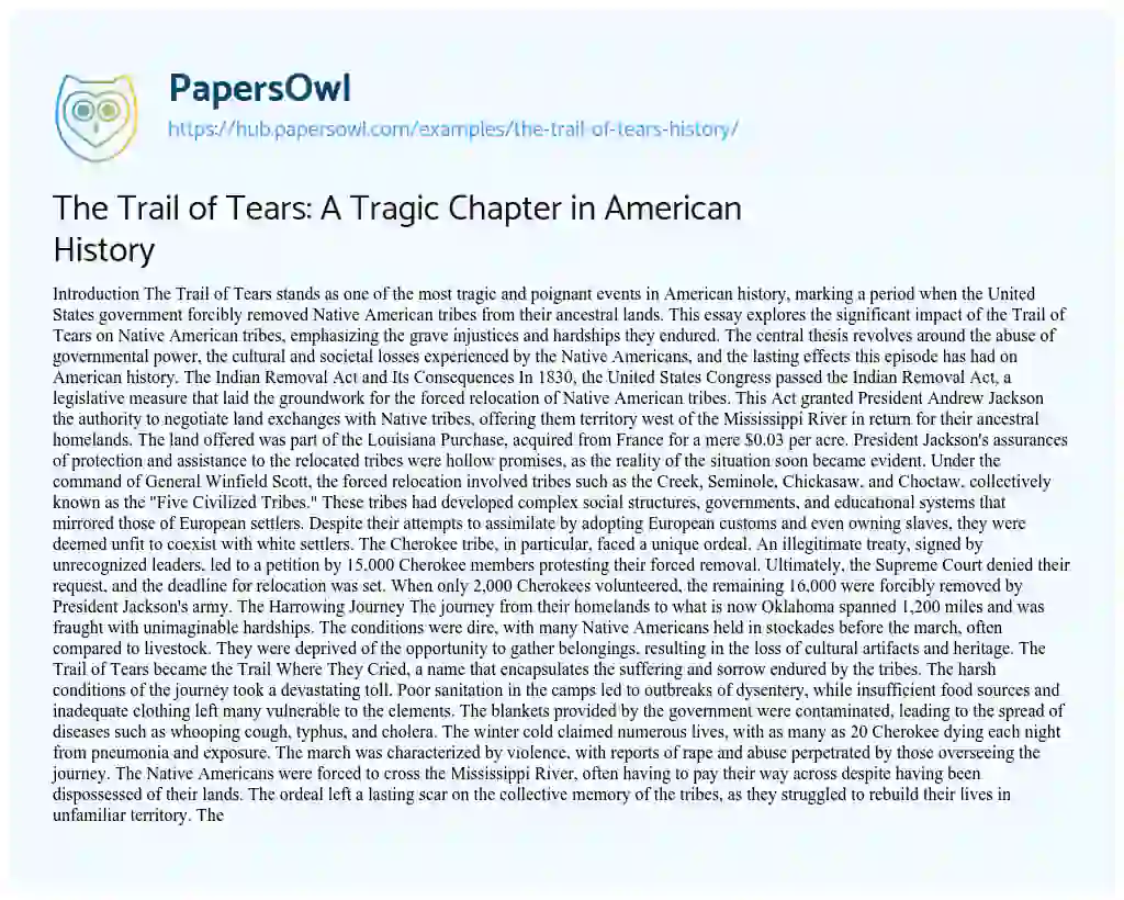 Essay on The Trail of Tears: A Tragic Chapter in American History